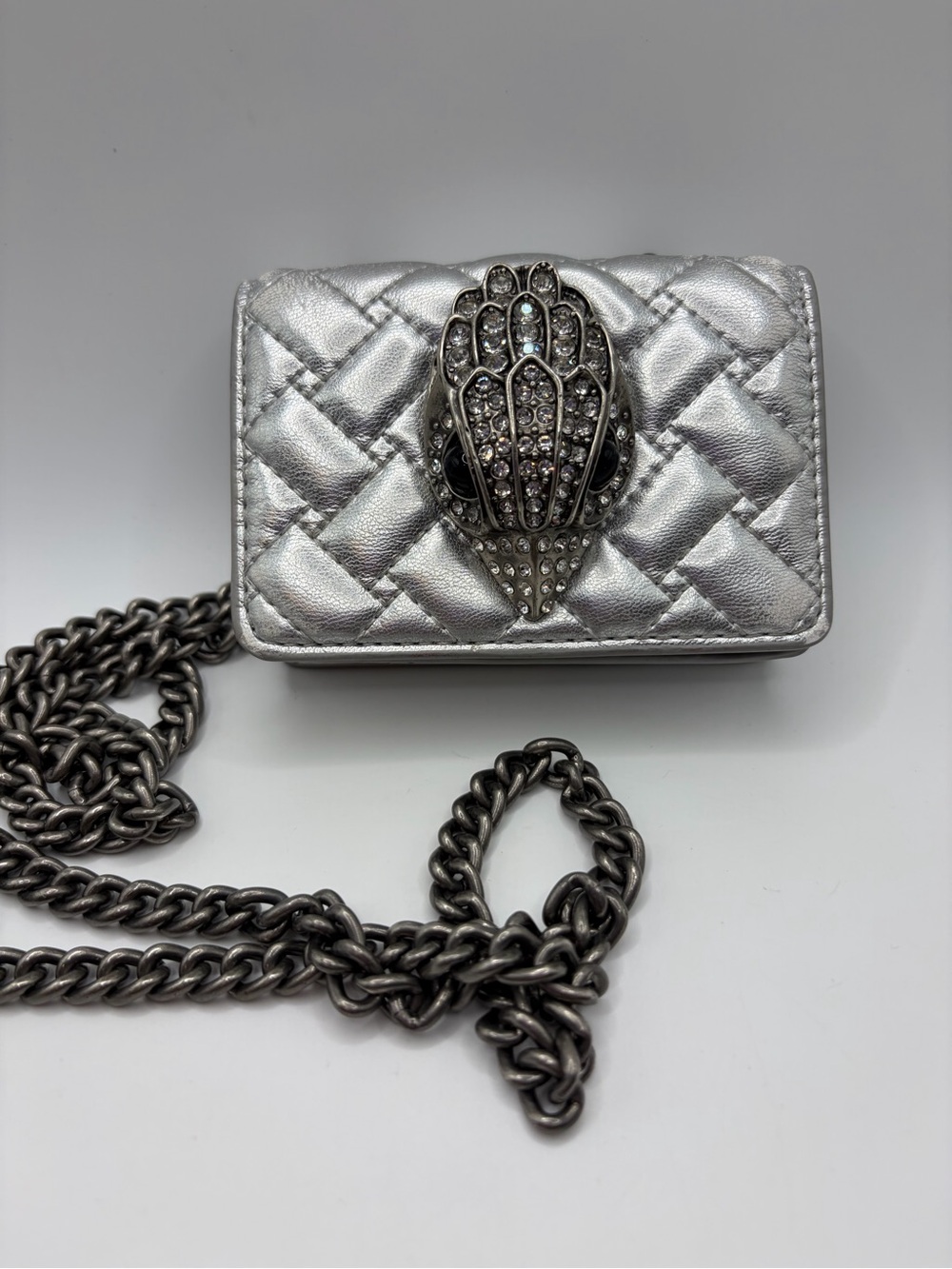 Kurt Geiger Silver Quilted Crystal-Embellished Mini Crossbody Bag